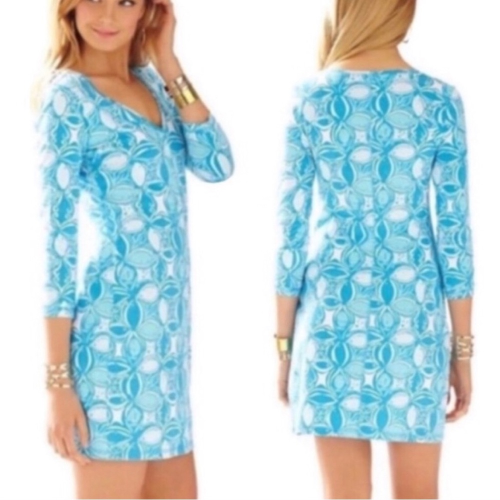 Lilly Pulitzer Juliet Pima Cotton Dress 3/4 Sleeves What a Racquet Ariel Blue S